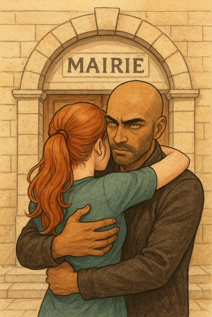 Rêve d'un baiser intense: Clémentine enlace un homme aux yeux jaunes devant la mairie